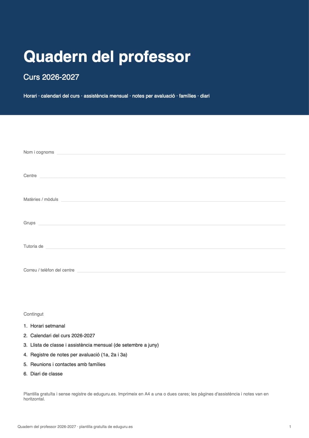 Portada del quadern del professor 2026-2027 en PDF