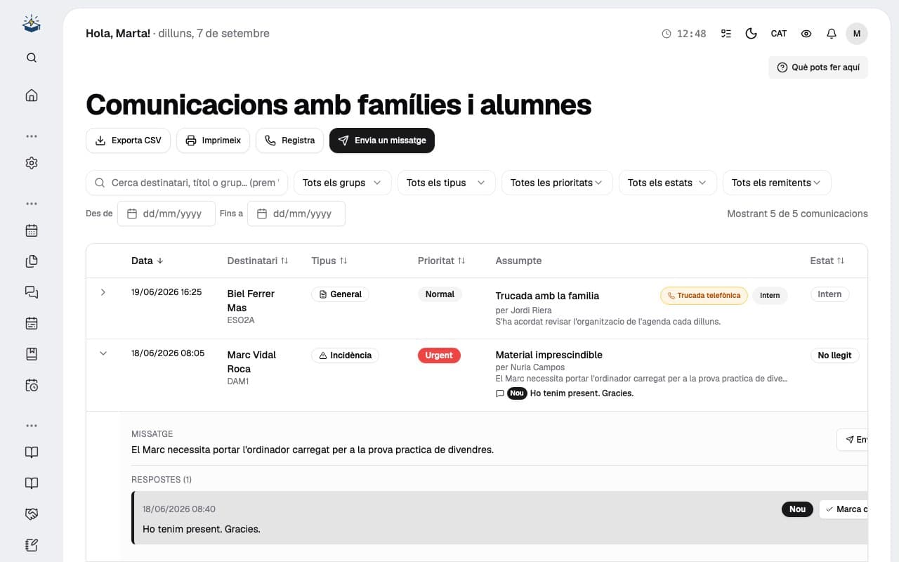 Comunicacions d'EduGuru: fils amb famílies amb estat de lectura