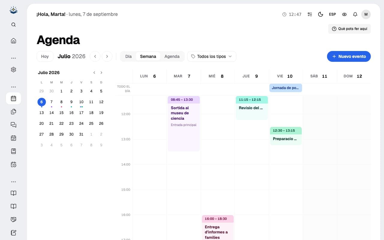 Agenda semanal de EduGuru con eventos del centro y del docente