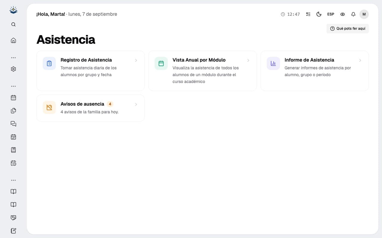 Pasar lista en EduGuru: mapa de clase con presentes, ausentes y retrasos