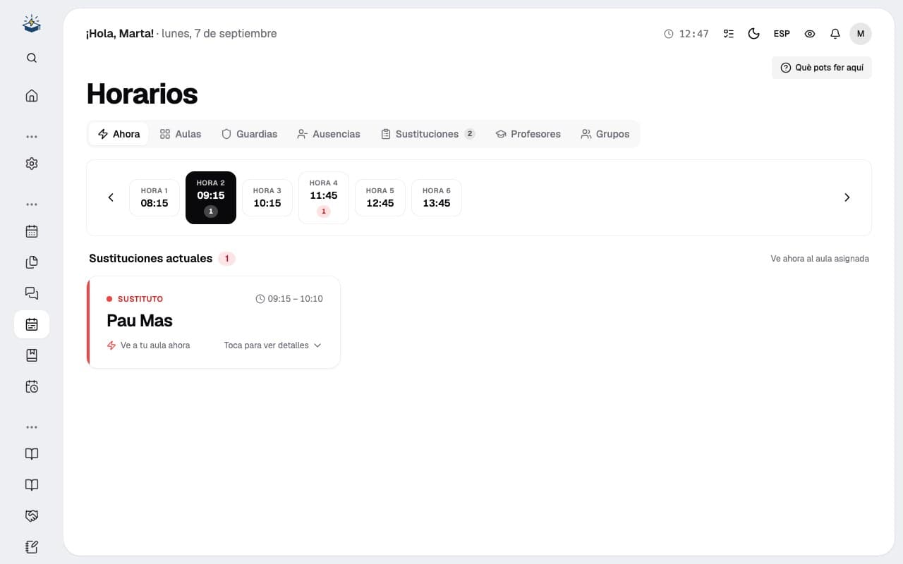 Horarios de EduGuru: la hora en curso con una sustitución destacada
